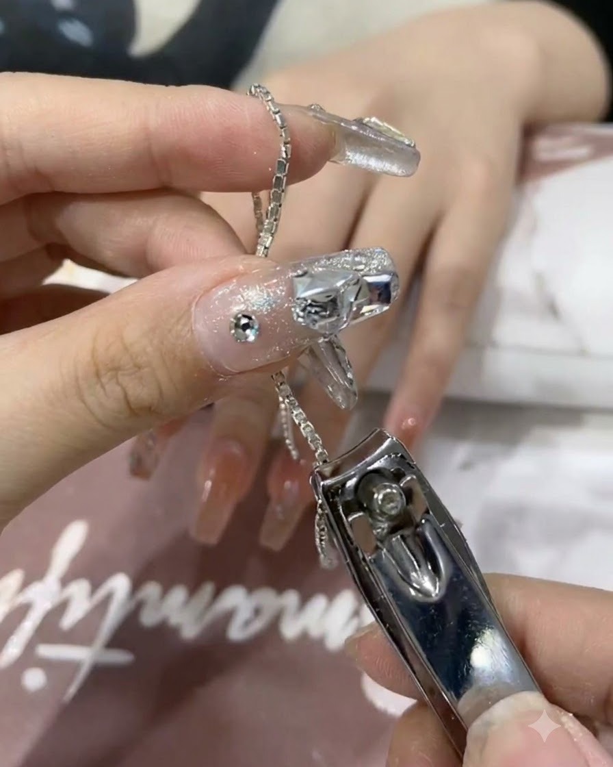Un primer plano de cortaúñas cortando un pequeño segmento de cadena plateada brillante.