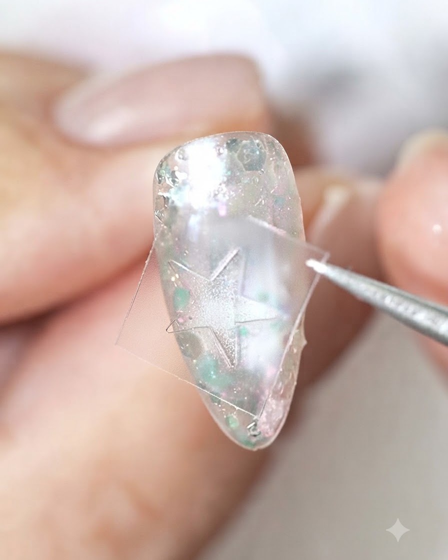 Un par de pinzas posicionando una plantilla de pegatina de estrella transparente en una uña decorada.