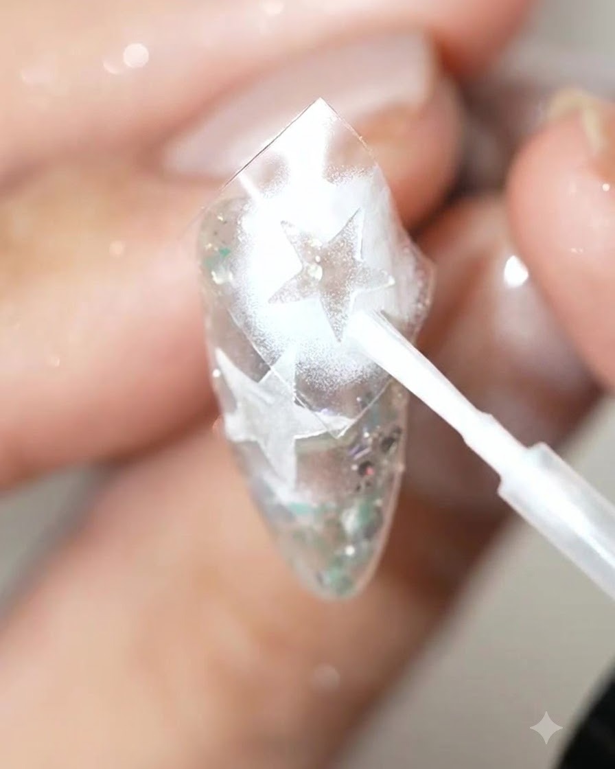 Un pincel pequeño aplicando líquido difuminado blanco perla sobre la superficie de una uña decorada con patrones de estrellas.