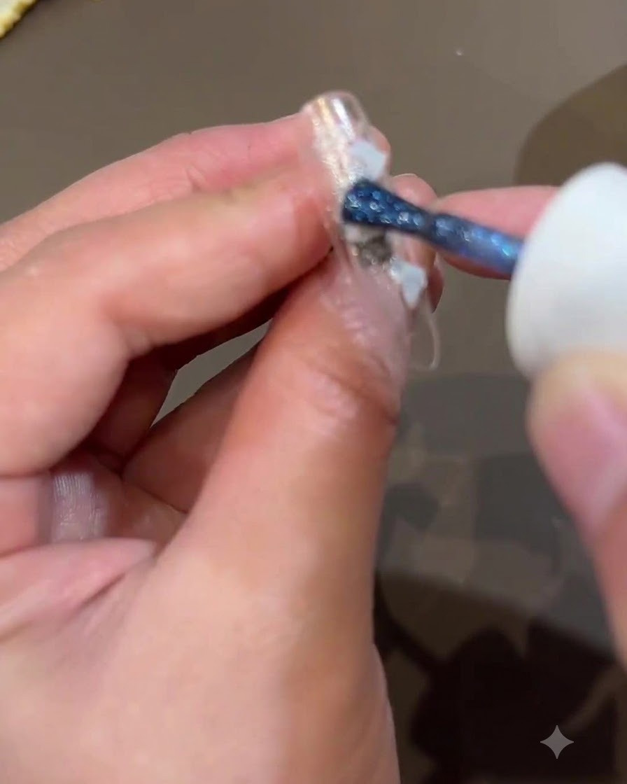Un pincel aplicando brillo azul oscuro en la superficie de la uña para agregar profundidad al diseño.