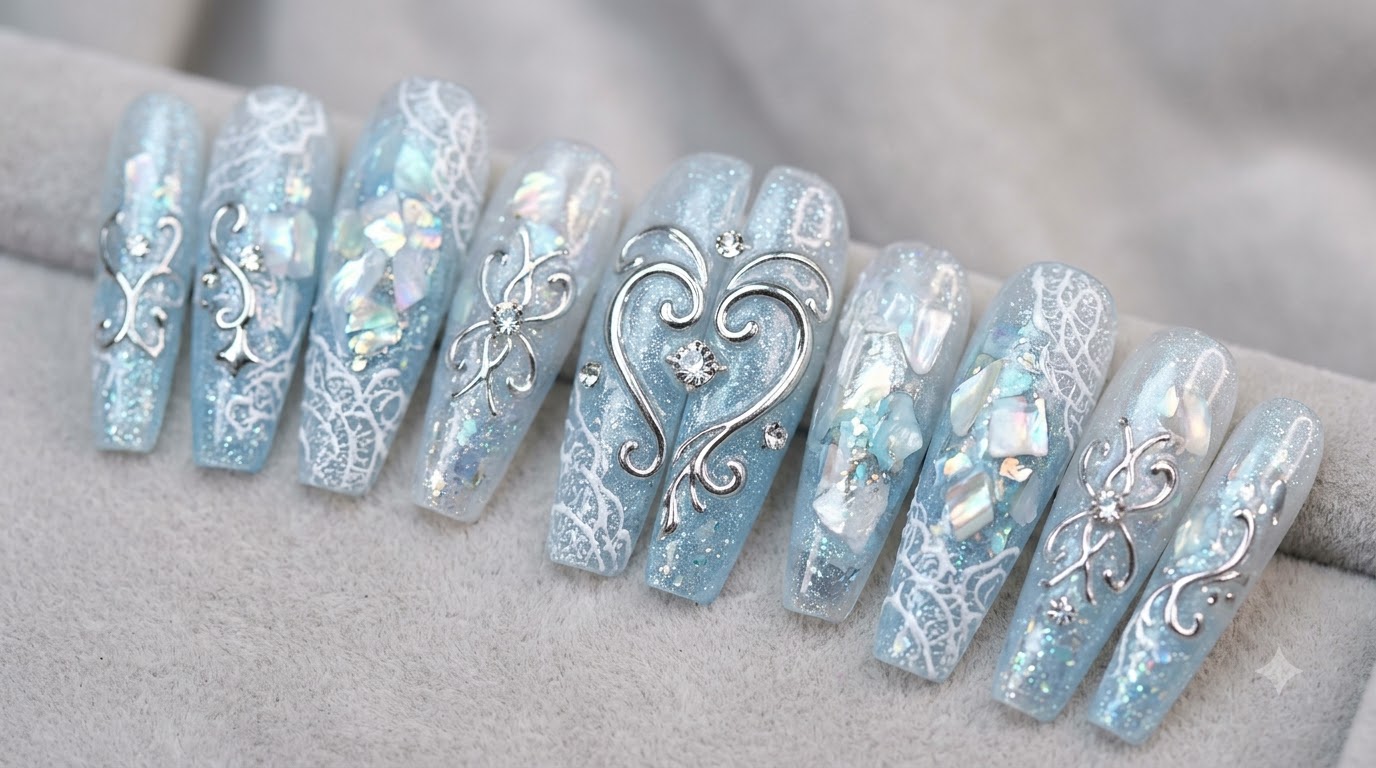 Uñas Icy Blue con Corazones Cromados — Tutorial Paso a Paso de Press-On