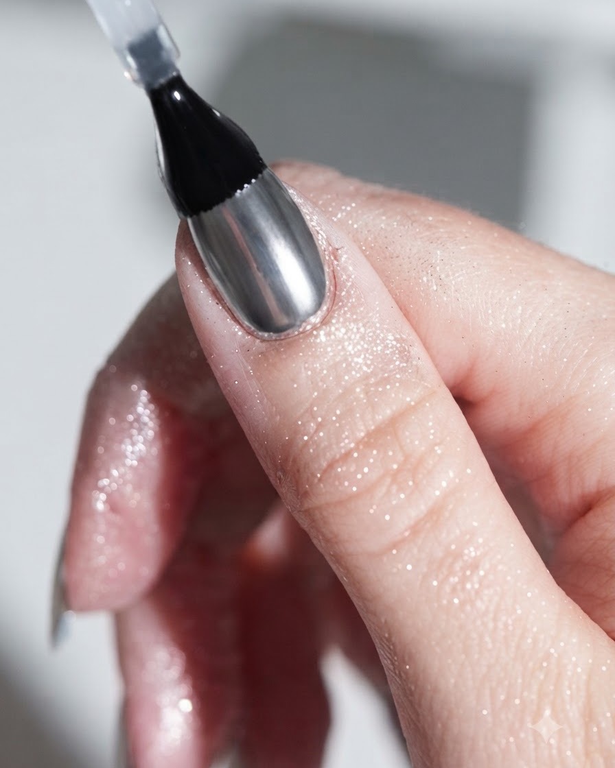 Primer plano de un pincel aplicando un top coat de gel transparente y brillante sobre una uña cromada plateada metálica.