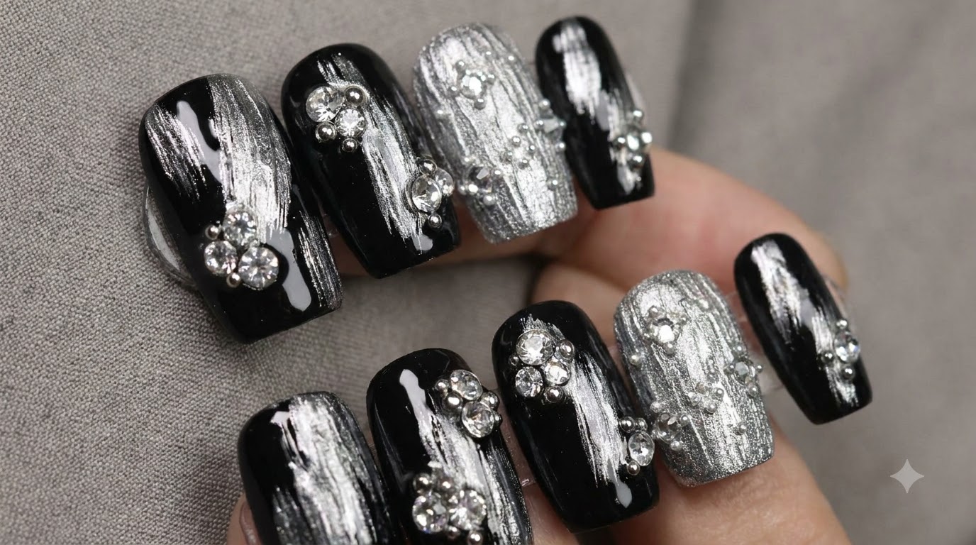 Diseño de Uñas Metalizadas en Negro con Textura Plateada y Pedrería