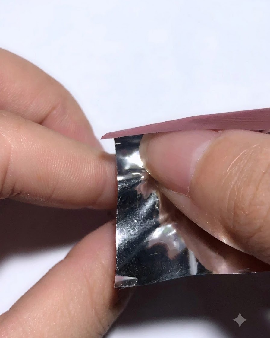 Foil siendo levantado de un dedo para mostrar la textura transferida.