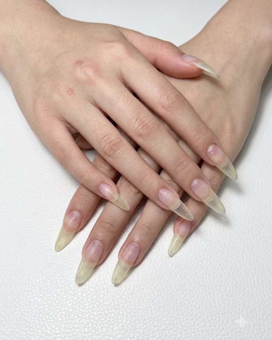 Un primer plano de manos con uñas largas naturales preextendidas listas para la aplicación del gel.