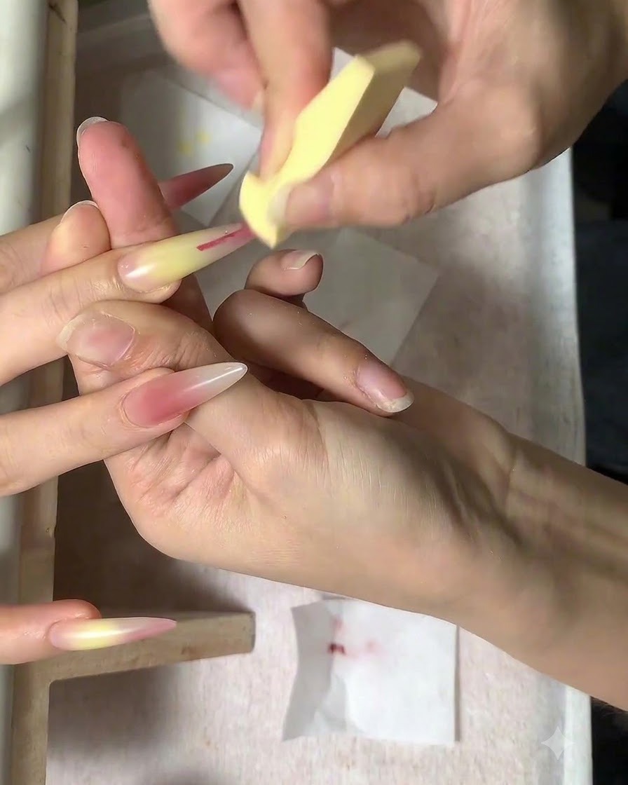 Una esponja cosmética aplicando toquecitos ligeros sobre líneas rosas pintadas en una uña con forma almendrada.