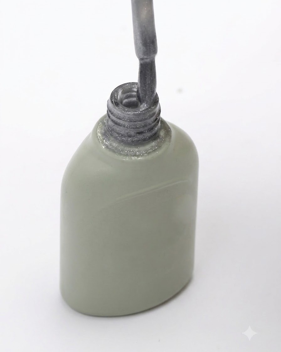 Un pincel saliendo de un frasco de esmalte de gel gris con el exceso de producto limpiado contra el borde del frasco.