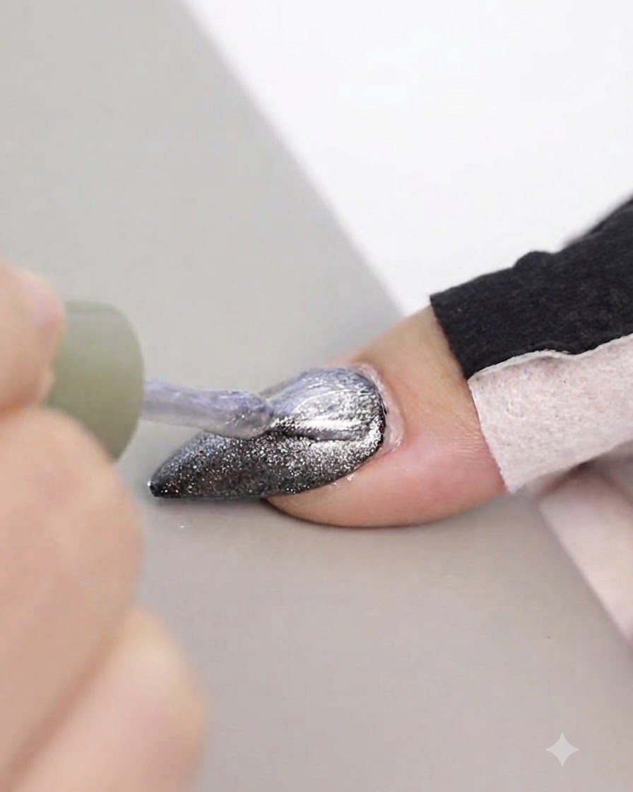 Un pincel de uñas aplicando gel cat eye plateado brillante sobre la punta de una uña postiza pintada de oscuro.