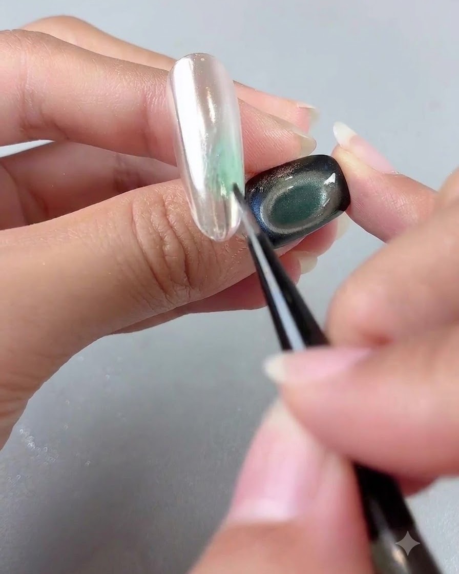 Un pincel fino de nail art difuminando un suave lavado de color verde sobre una uña brillante con acabado de espejo.
