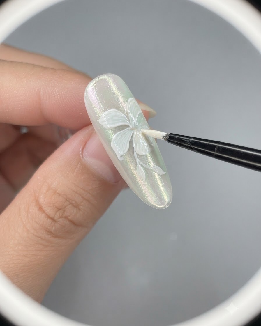 Primer plano de un pincel de uñas agregando medio pétalo y un tallo al diseño de lirio blanco.