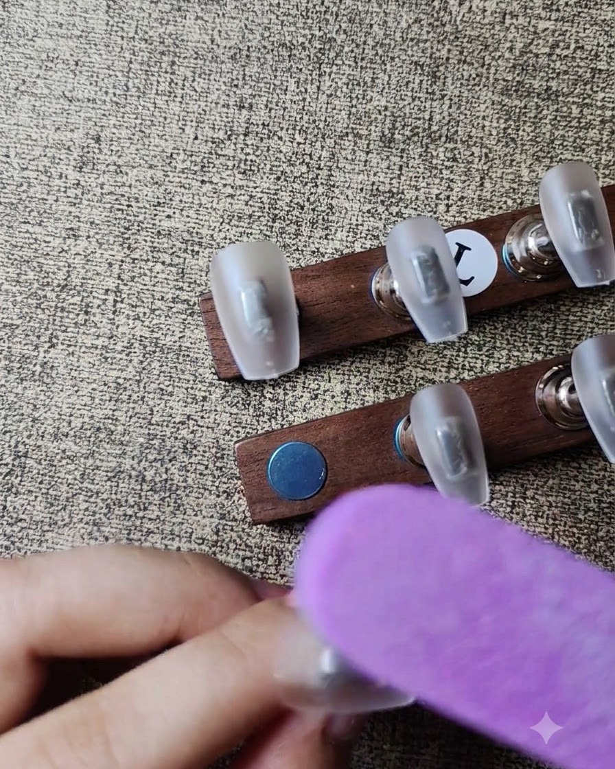 Un bloque pulidor morado suavizando la superficie mate de un tip de uña transparente estilo ataúd.