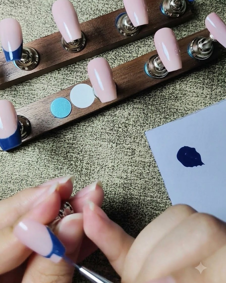 Un pincel delineador rellenando el pigmento azul oscuro de una manicura francesa en una uña postiza.