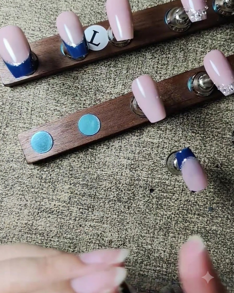 Diamantes de imitación azules y blancos alternados colocándose a lo largo de la mitad de la línea de la sonrisa de una uña francesa.
