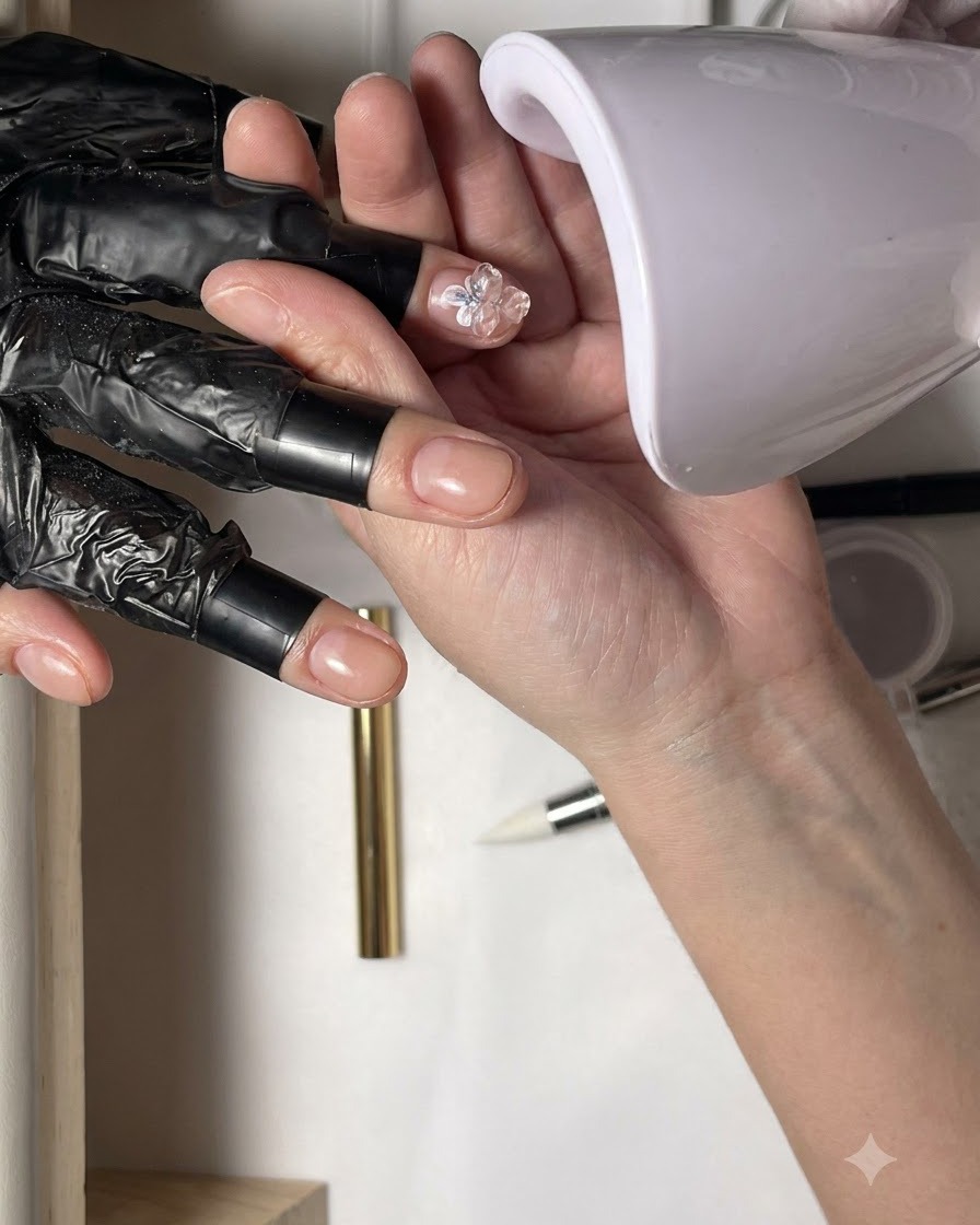 Una minilámpara UV blanca de mano sostenida sobre un dedo para curar elementos de nail art recién colocados.
