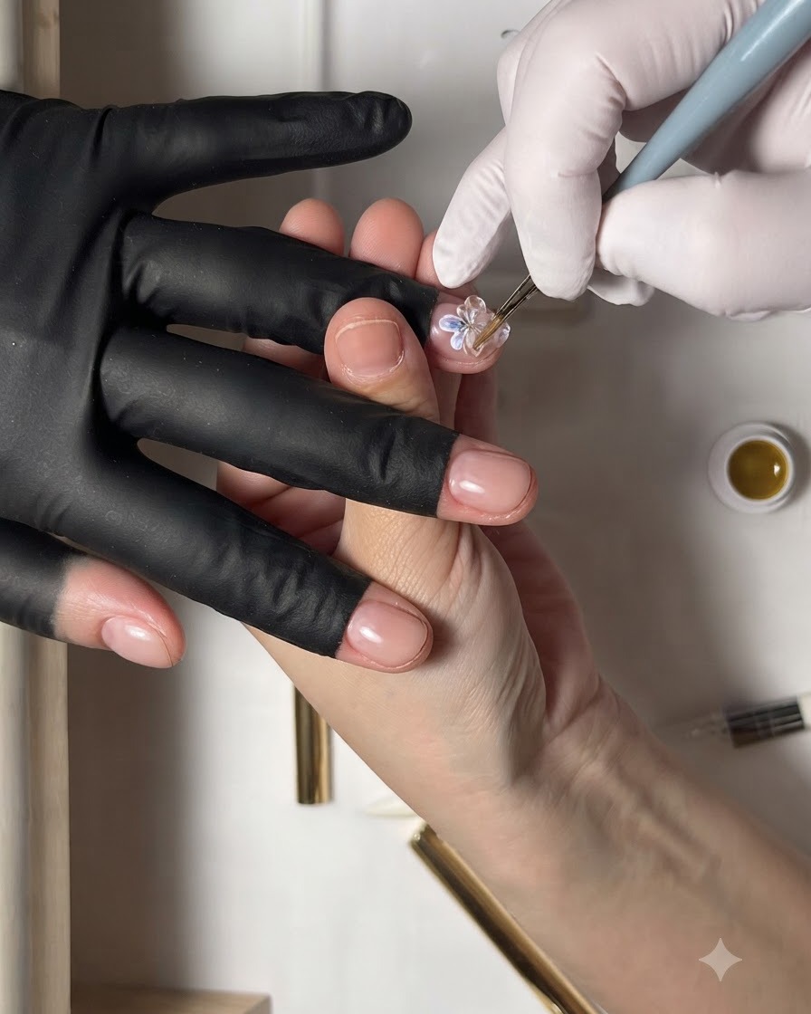 Un pincel fino moldeando una gota espesa de gel 3D transparente en un pétalo elevado sobre una uña.