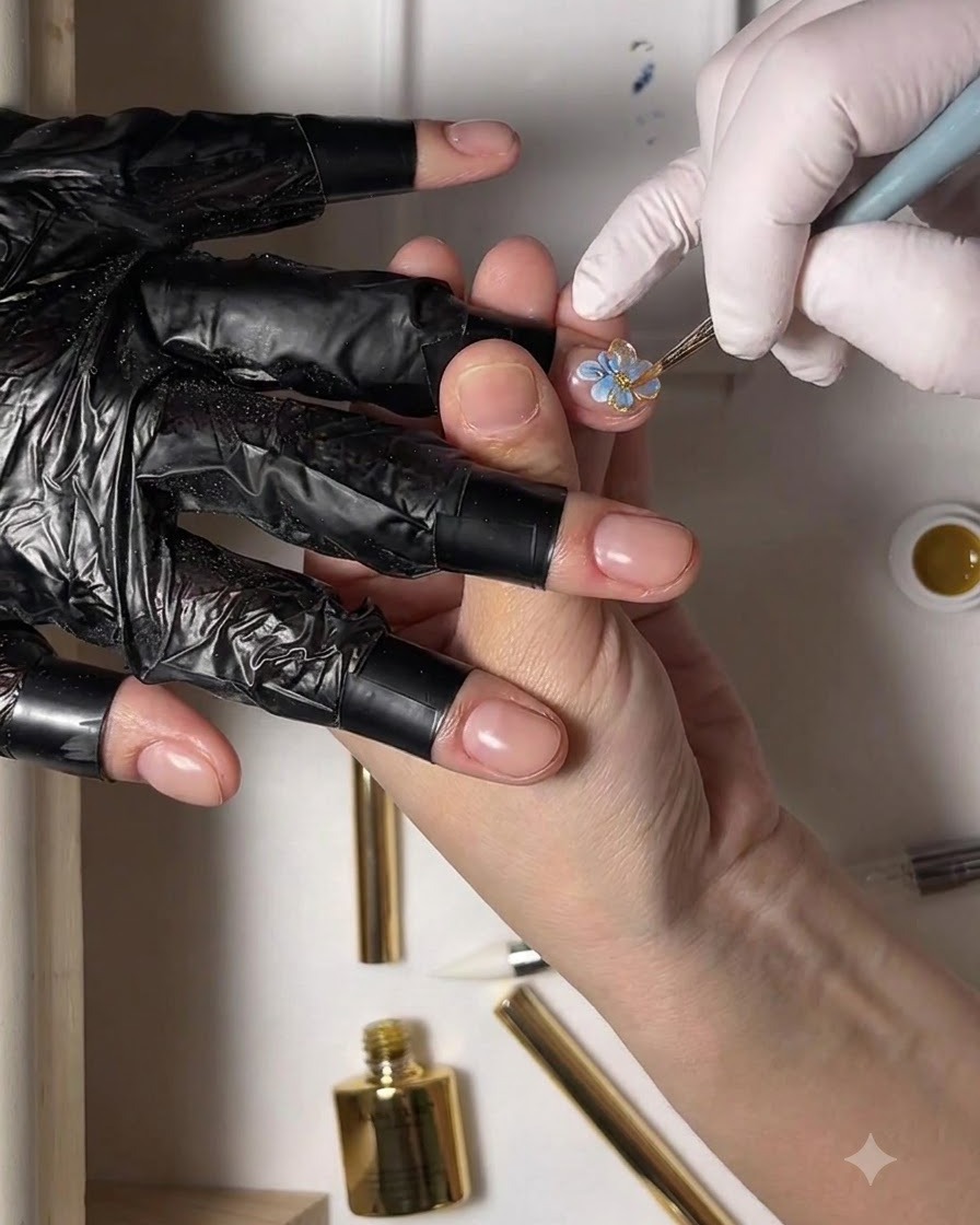 Un pincel fino formando un segundo pétalo de gel 3D transparente adyacente al primer pétalo en una uña.