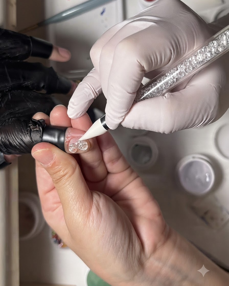 Una mano enguantada utilizando una herramienta de lápiz de cera blanco para colocar una diminuta pedrería en un bucle de gel transparente sobre una uña.