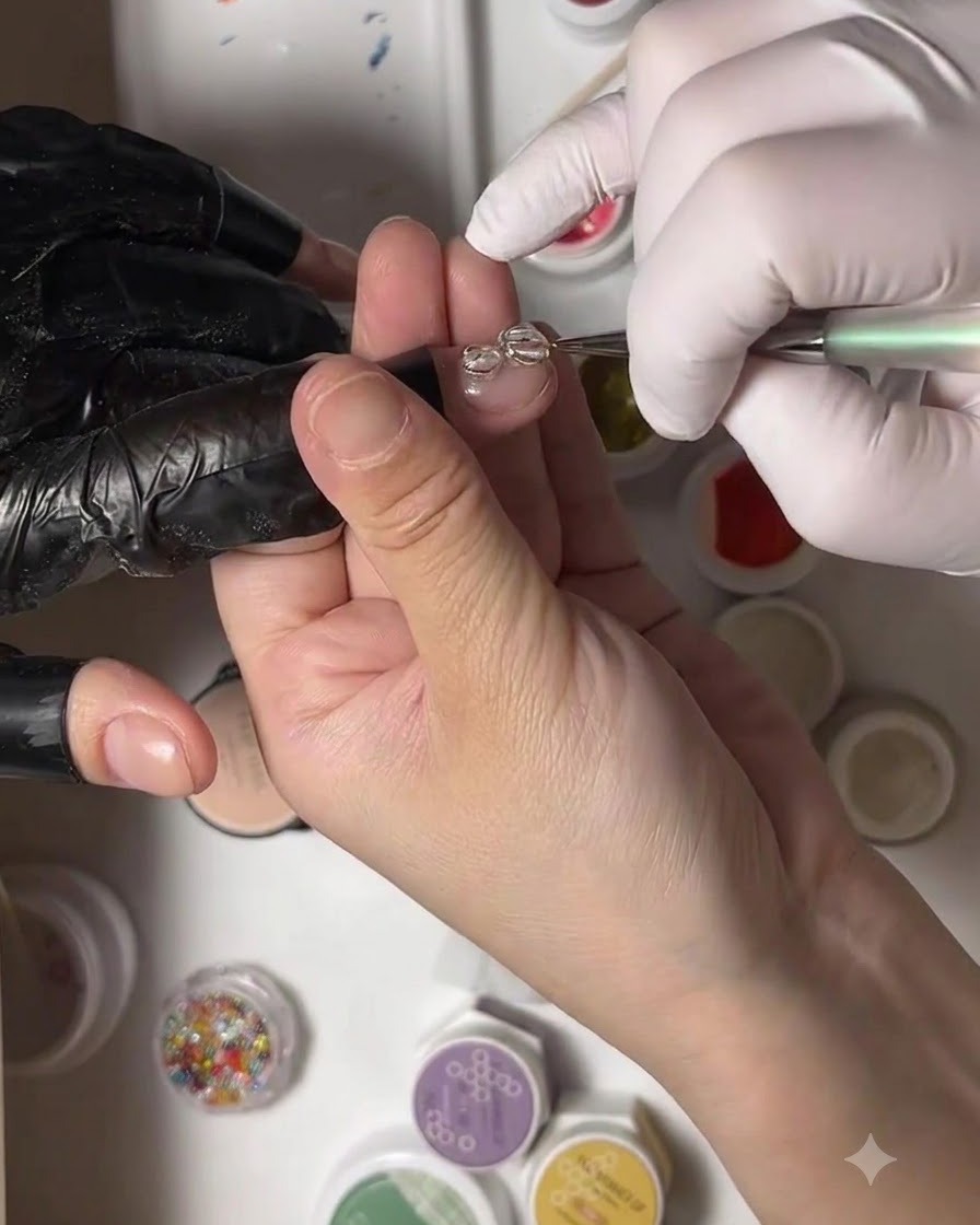 Un pincel de detalle fino aplicando gel tintado rosa en el bucle transparente inferior de un diseño de nail art.