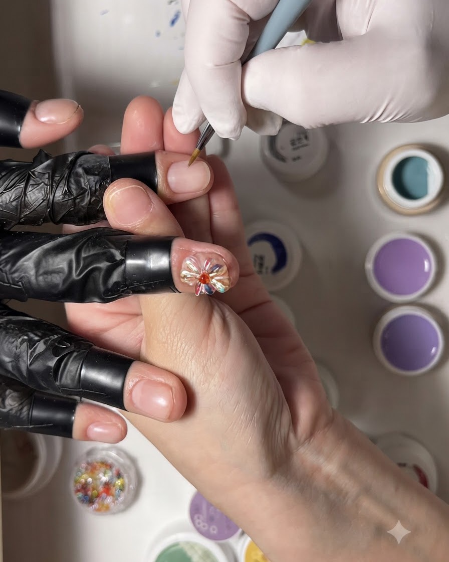 Un pincel de detalle fino añadiendo pequeños pétalos blancos finales para completar un diseño de nail art floral.