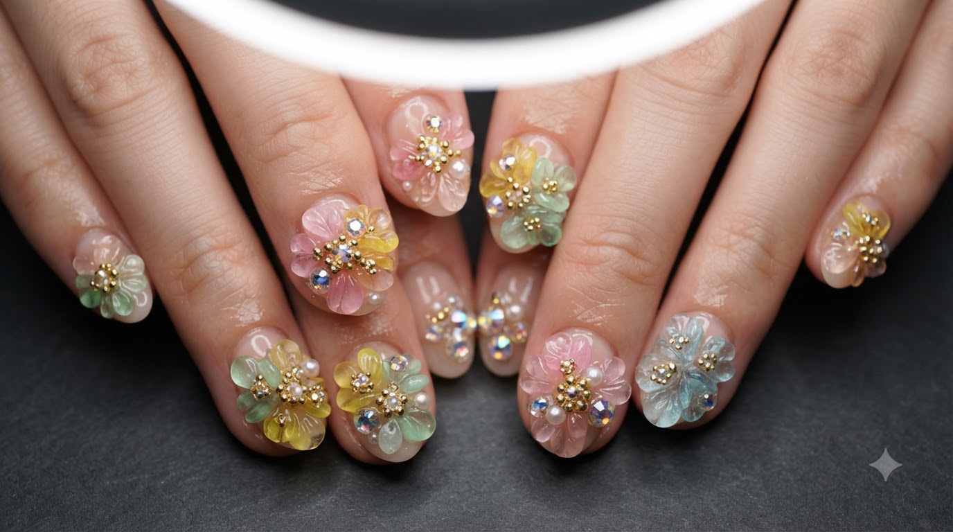 Diseño de Uñas de Gel con Flores 3D y Pedrería — Tutorial Paso a Paso