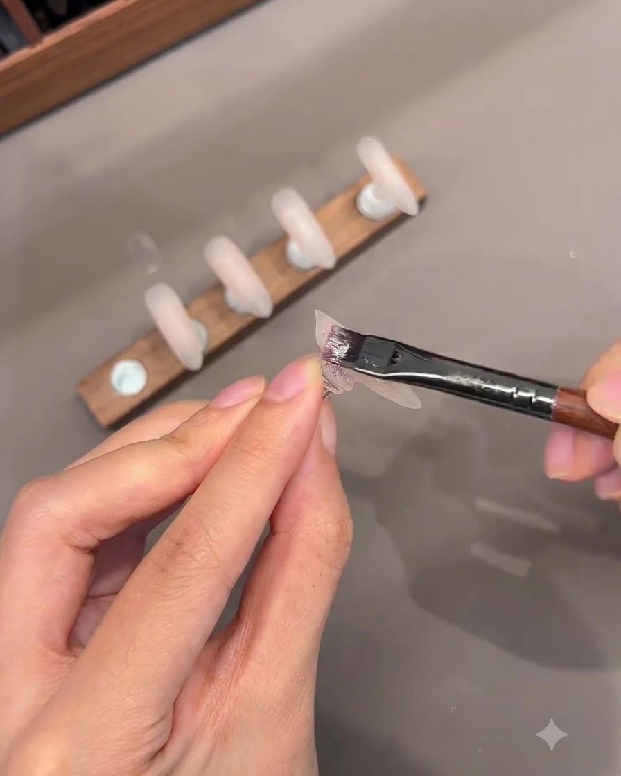 Una toma detallada de un pincel aplicando gel base de color nude sobre una punta de uña postiza.