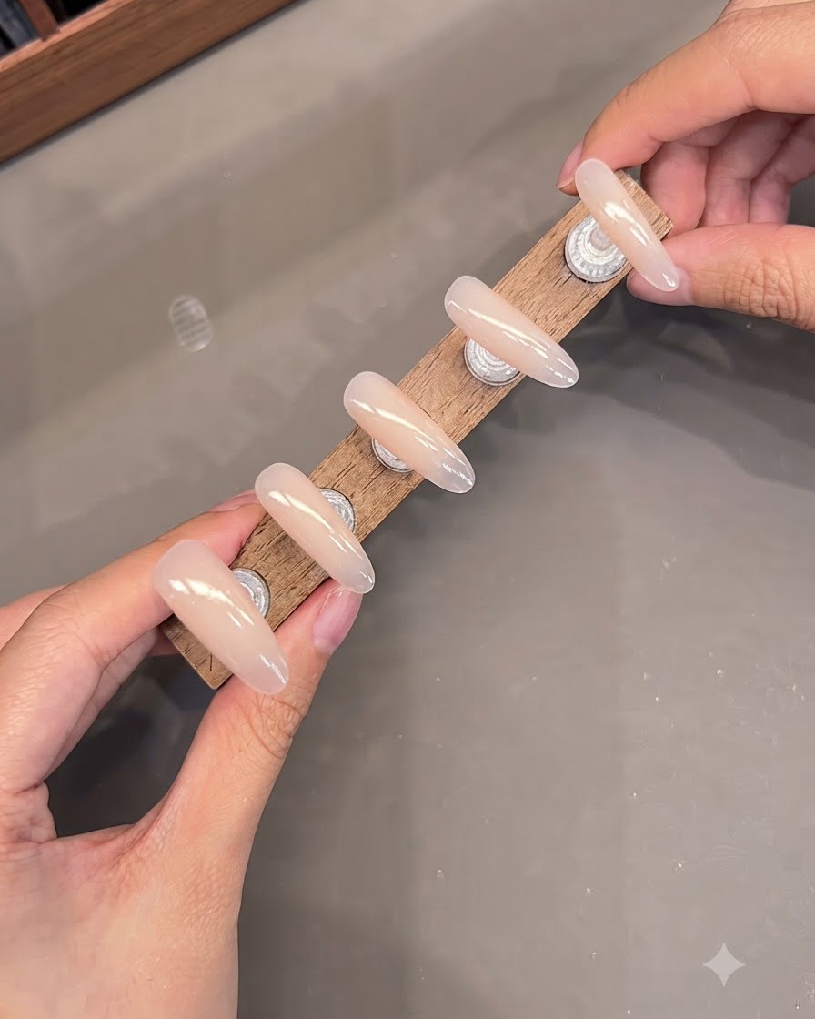 Un soporte de exhibición que muestra múltiples uñas postizas, con gel ojo de gato aplicado en la punta del dedo índice.