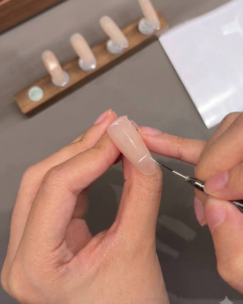 Un pincel fino dibujando una línea blanca de punta francesa sobre la superficie de una uña artificial de tono rosa neutro.