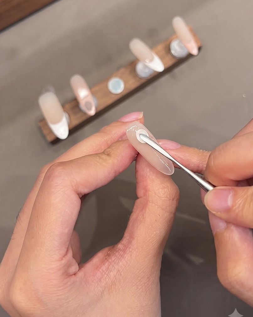 Una herramienta de detalle modelando pétalos de flores de gel 3D sobre la superficie de una uña con base neutra.