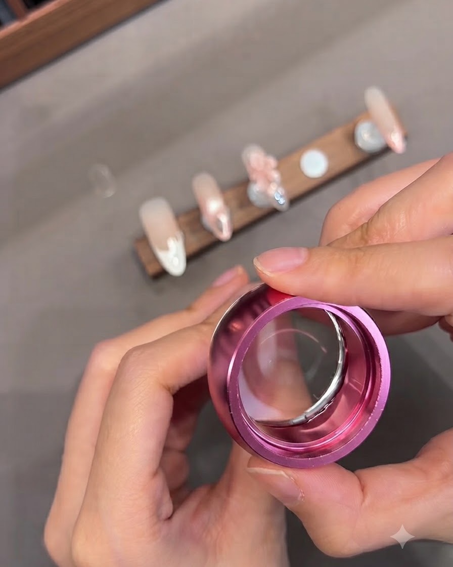 Una persona usando un estampador de silicona transparente y gelatinoso rosa para transferir un diseño de texto a una uña.