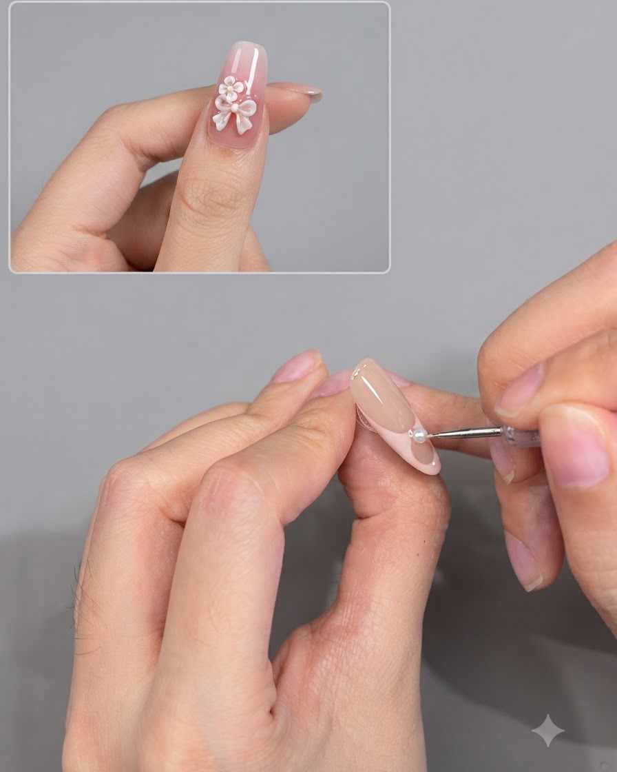 Una herramienta colocando una pequeña decoración de perla en la línea de sonrisa de una uña de manicura francesa.