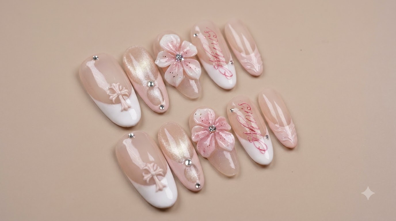Manicura Francesa con Ojo de Gato y Arte Floral 3D: Tutorial Paso a Paso