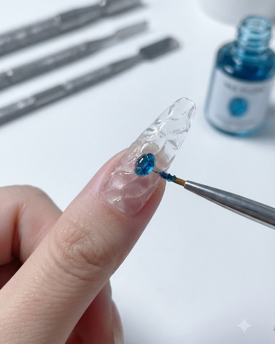 Un pincel fino para nail art tomando una gota de gel translúcido azul brillante sobre una superficie de mezcla.