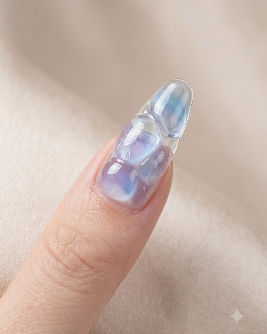 Un pincel aplicando el sellador top coat sobre un diseño de uñas de gel con textura de ondas de agua.