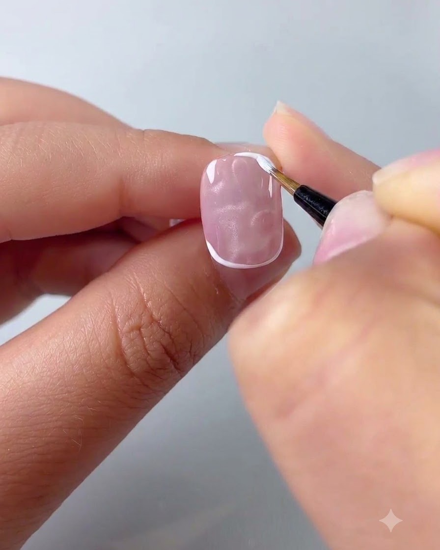 Un primer plano de una persona utilizando un pincel delineador fino para pintar pétalos blancos sobre una uña de gel brillante y semitransparente.