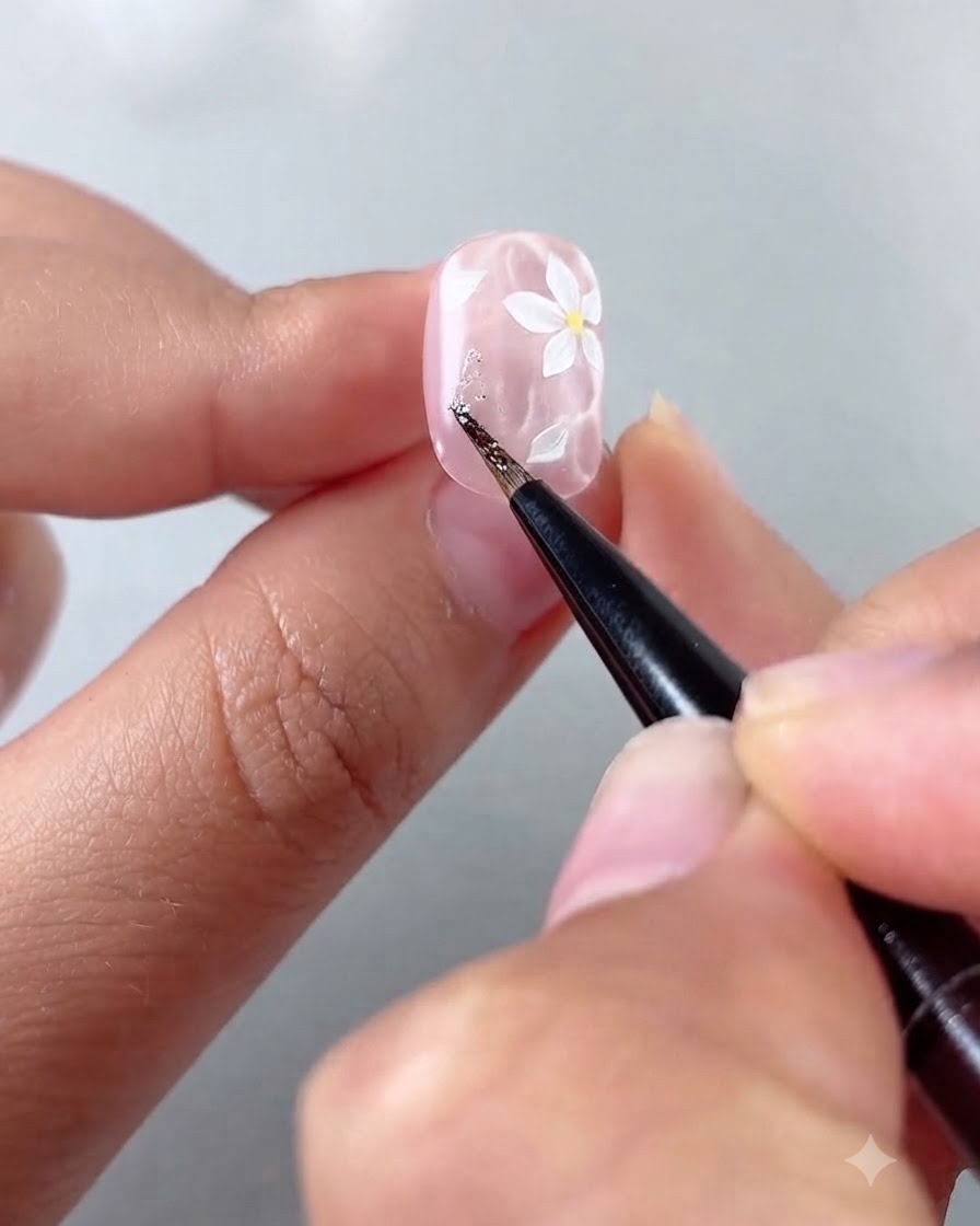 Un primer plano de una mano usando un pincel fino para colocar diminutas motas de purpurina plateada sobre una uña rosa brillante decorada con flores blancas pintadas.