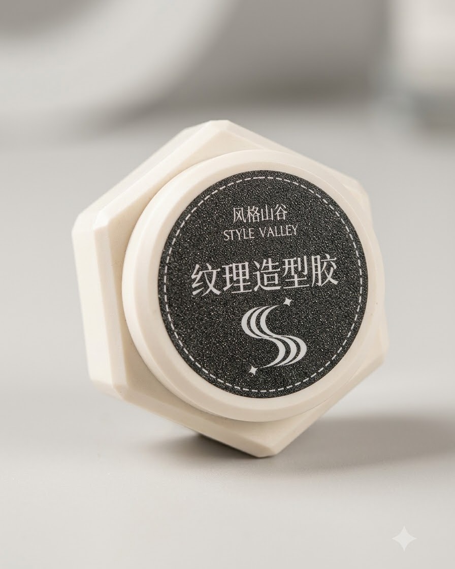 Un frasco de producto de gel modelador de textura Style Valley etiquetado con caracteres chinos.