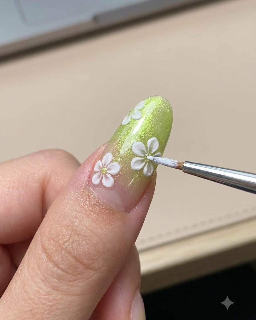 Un pincel de detalle fino aplicando un diminuto centro amarillo a una margarita blanca pintada sobre una uña verde manicurada.