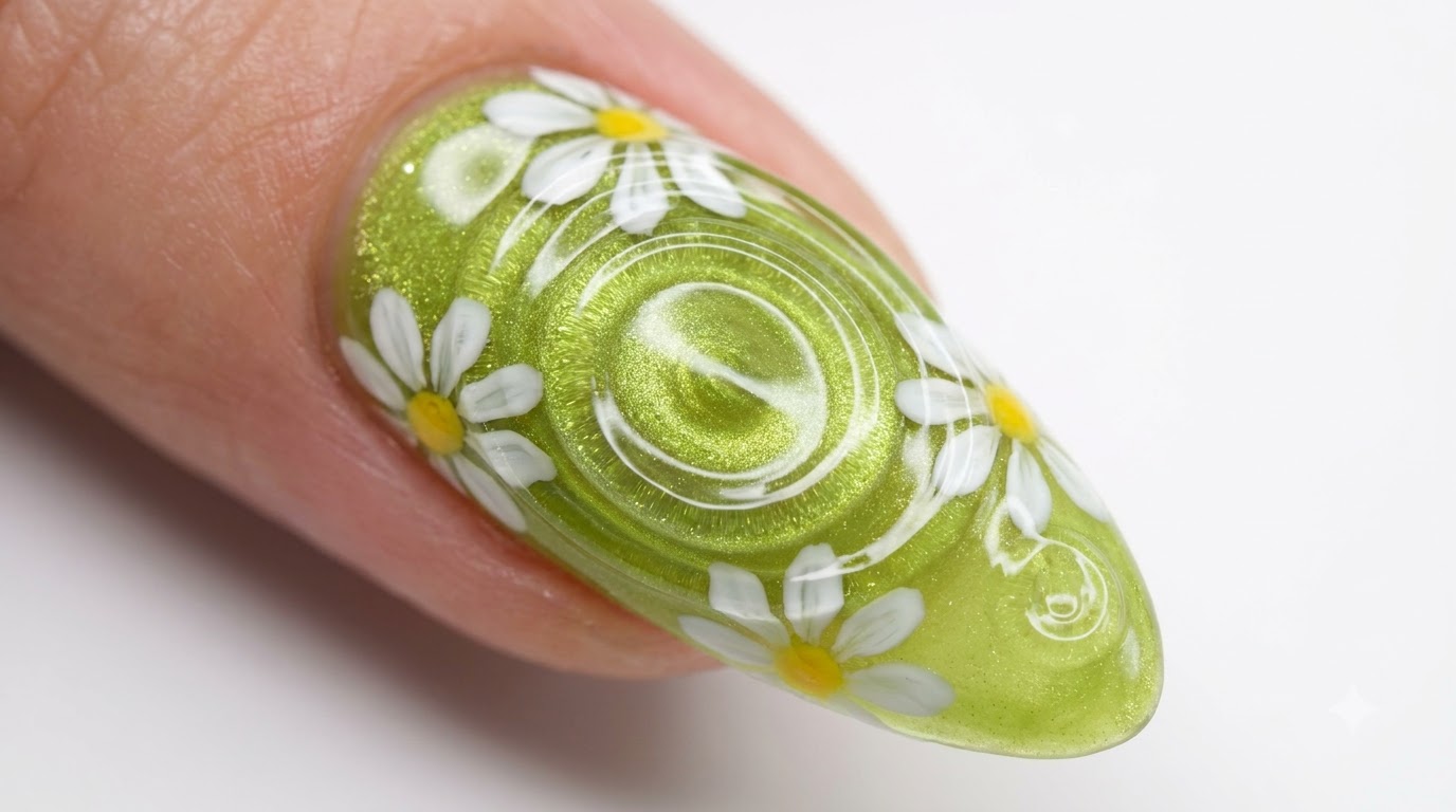 Uñas Efecto Ojo de Gato Verde Lima con Ondas de Agua y Margaritas — Tutorial Paso a Paso