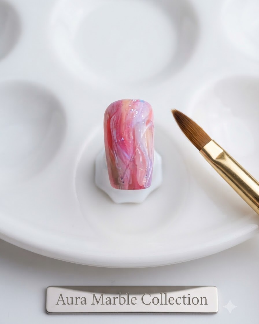 Un primer plano de un pincel de uñas dorado reposando junto a una paleta blanca con una uña de mármol aura preparada.
