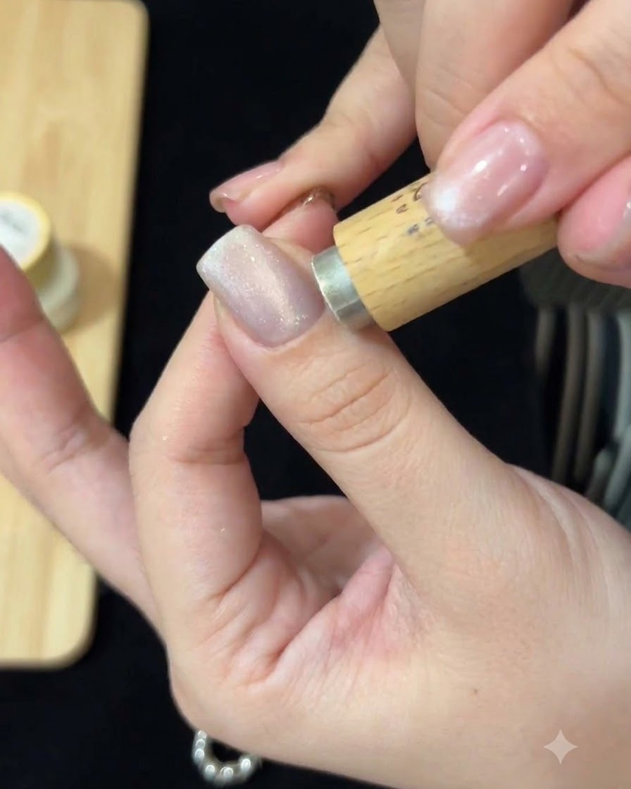 Una varilla magnética de madera sostenida cerca de una uña recubierta con gel de ojo de gato para dar forma al efecto de luz.