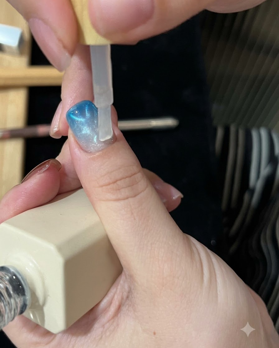 Un pincel aplicando una capa de brillo transparente sobre un diseño finalizado de uñas azules con efecto ojo de gato y degradado.