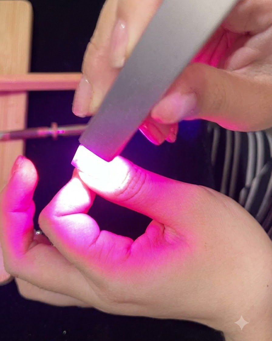 Una uña curándose bajo una brillante lámpara UV o LED de color rosa durante la aplicación final de la capa superior.
