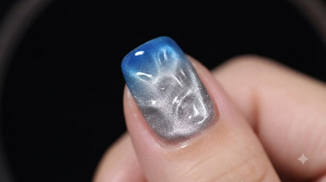 Uñas Plateadas con Efecto Ojo de Gato Magnético y Ondas de Agua en Azul: Tutorial Paso a Paso