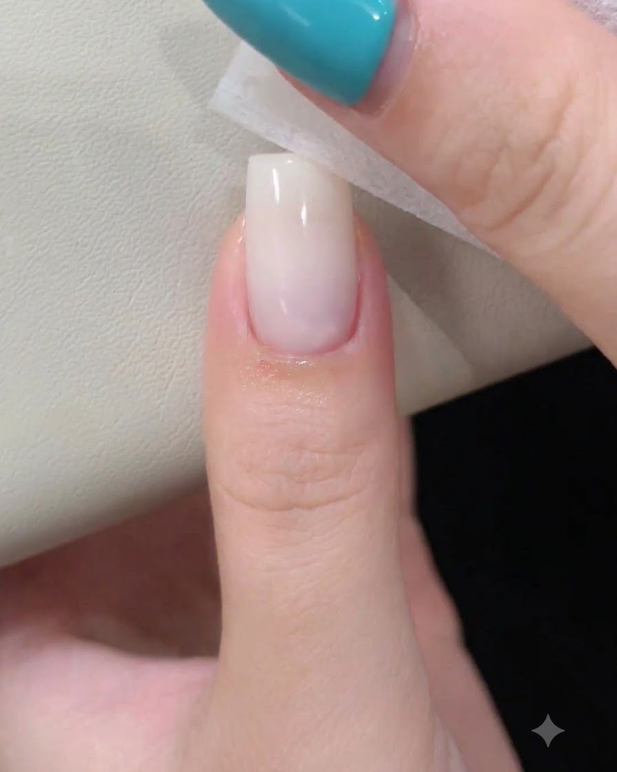 Una toallita limpiadora presionando contra una uña blanca lechosa brillante en un pulgar para eliminar los residuos.