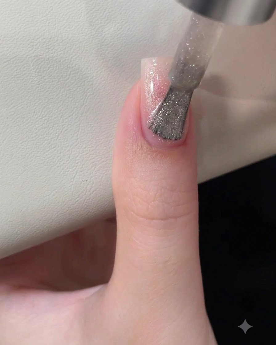 Un pincel de esmalte de uñas aplicando un gel brillante de ojo de gato plateado sobre una uña con degradado rosa.