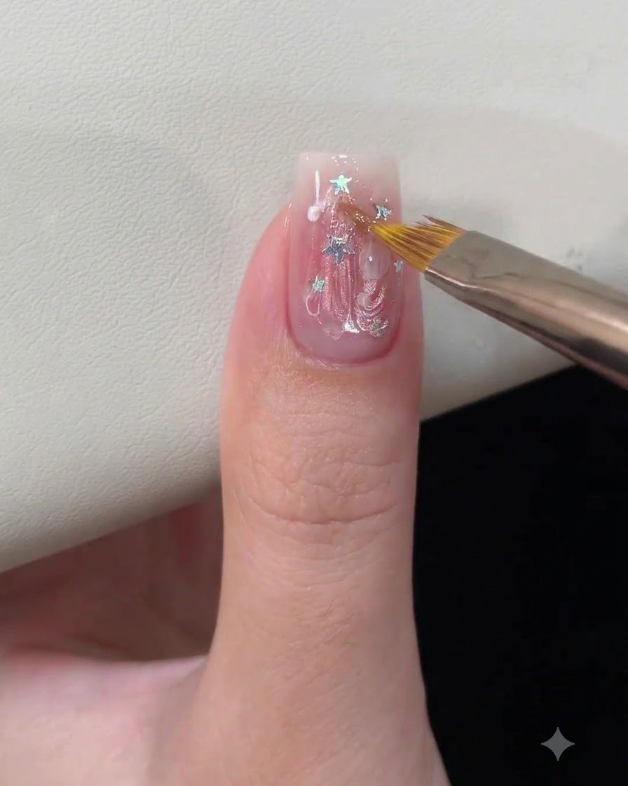 Un primer plano de una uña con arte en gel de ondas de agua 3D colocado dentro de una lámpara de uñas UV o LED para el curado.