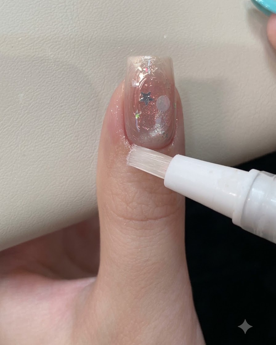 Un bolígrafo con pincel revitalizante blanco aplicando aceite transparente para cutículas en la piel que rodea una uña de gel bellamente decorada y terminada.