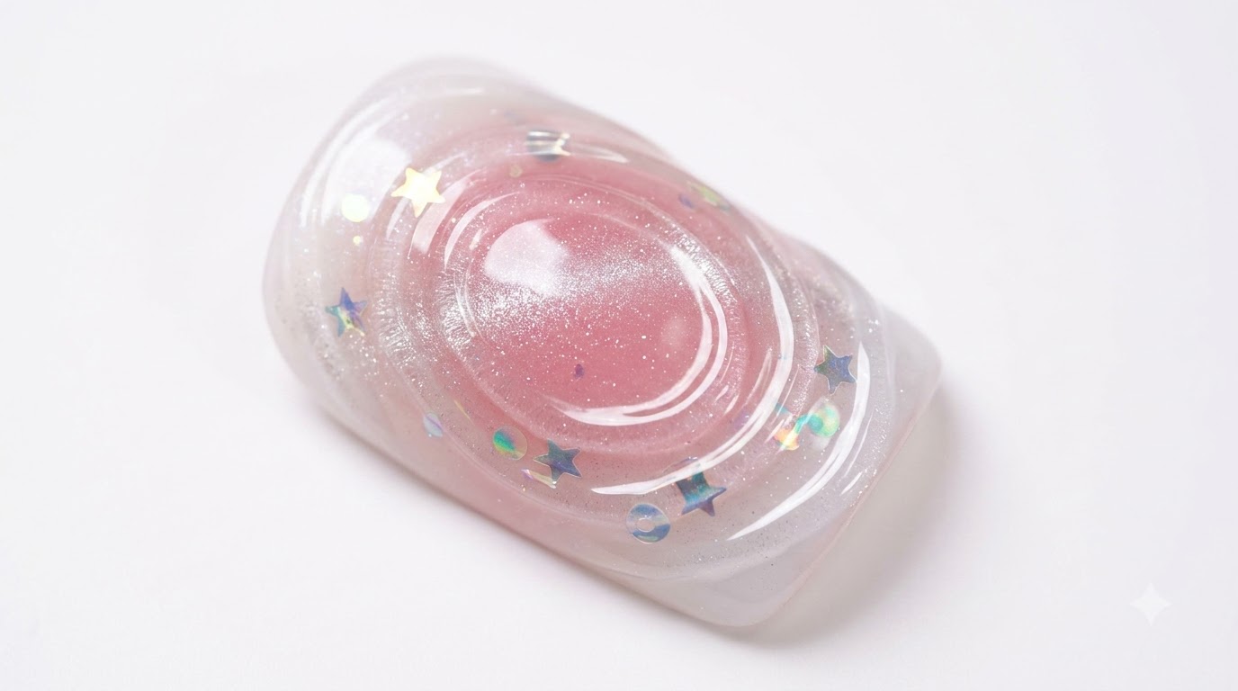 Primer plano del diseño de uñas aurora water ripple completado con lentejuelas holográficas de estrellas y círculos sobre una base degradada en blanco lechoso y rosa con destellos de ojo de gato plateado.