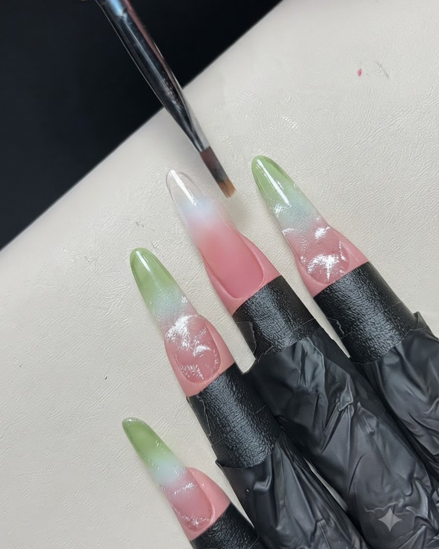 Un pincel fino para detalles de uñas difuminando y suavizando cuidadosamente la transición de color en una uña de práctica con degradado.