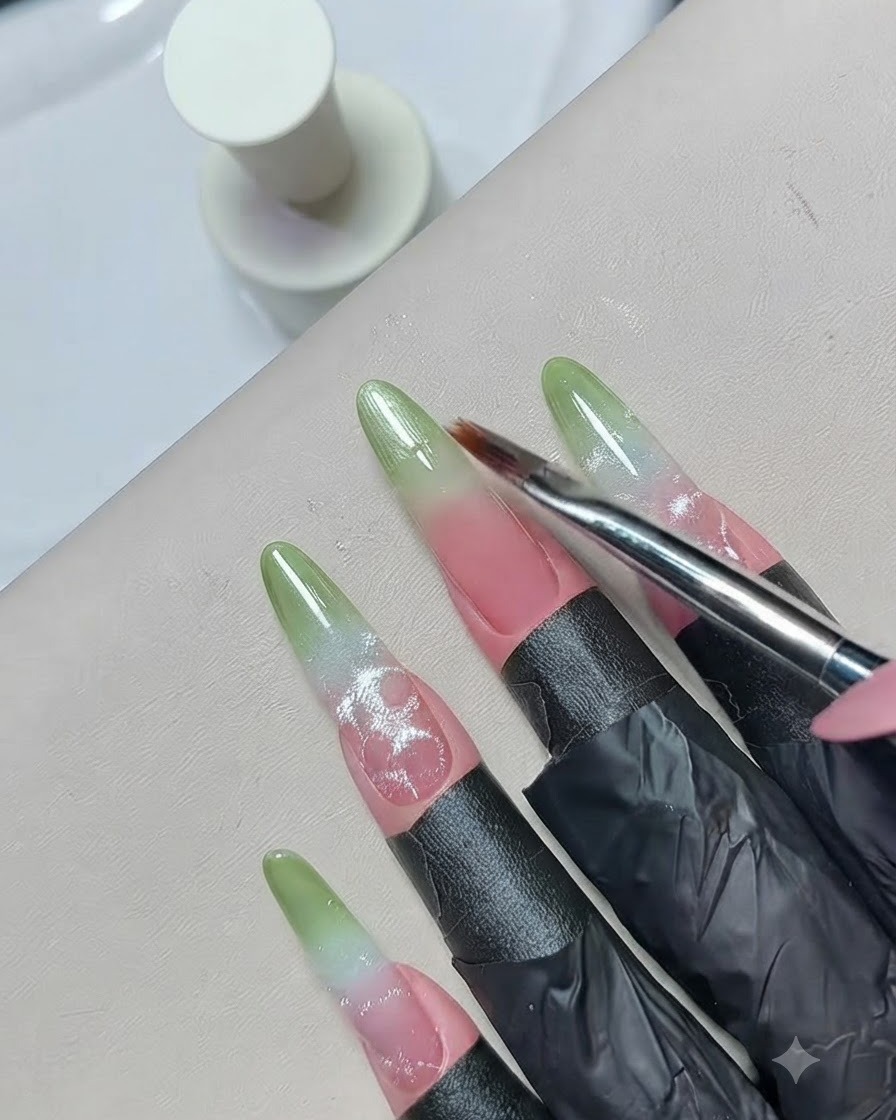Un pincel fino difuminando el esmalte en gel verde hacia abajo en la uña para perfeccionar la transición de degradado suave.